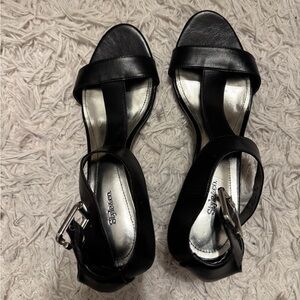 Black, kitten wedge, strappy heel shoe